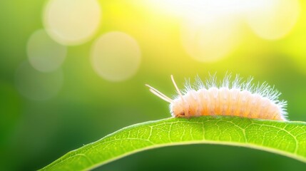 Softness A warm, fuzzy caterpillar crawling on a vibrant green leaf.