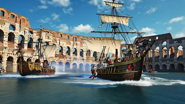 Naval battle at the Colosseum in Rome. Naumachia.