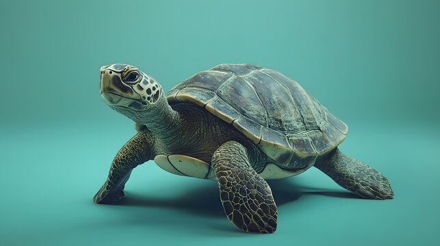 Majestic Sea Turtle on a Blue Backdrop: A captivating portrait of a sea turtle against a serene blue backdrop. Its textured shell, expressive eyes, and steady gaze evoke a sense of wonder.