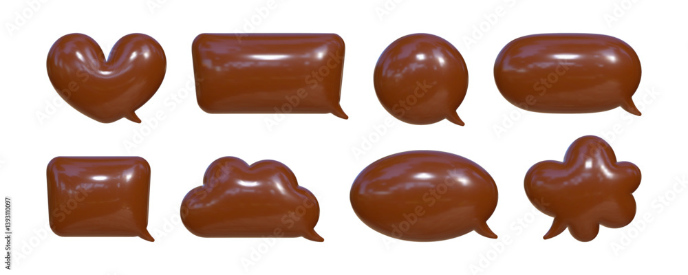 Poster set of inflated 3d speech bubbles showcasing reflective textures in various shapes and sizes suitabl