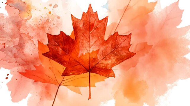 Watercolor Illustration of a Vibrant Red Maple Leaf Against a Splattered Backdrop