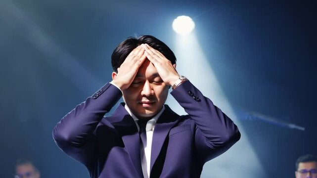 Man with stage fright on a stage.