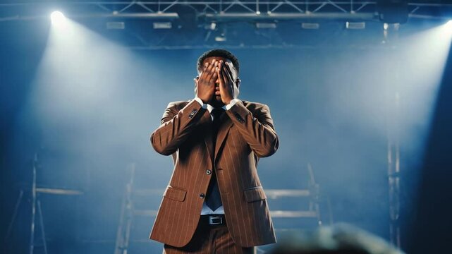 Man with stage fright on a stage.
