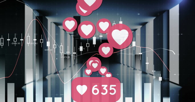 Image of financial data processing and social media heart icons over servers - Powered by Adobe