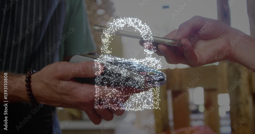Poster image of network security padlock over people using payment terminal