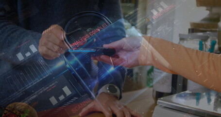 Image of network security padlock over people using payment terminal