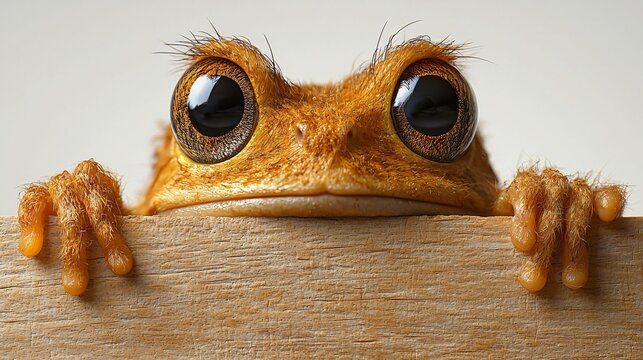 Enchanting amphibian gaze peering gingerly over aged wood  big eyed frog wildlife close up.