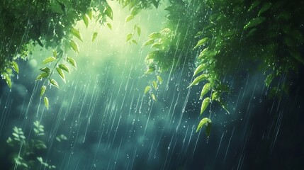 Obraz premium Dramatic scene of a lush rainforest during rainfall with water droplets clinging to vibrant green leaves soft sunlight breaking through the dense canopy and illuminating the misty atmosphere