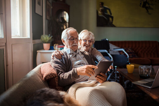 Elderly couple enjoying time together on sofa with tablet and dog