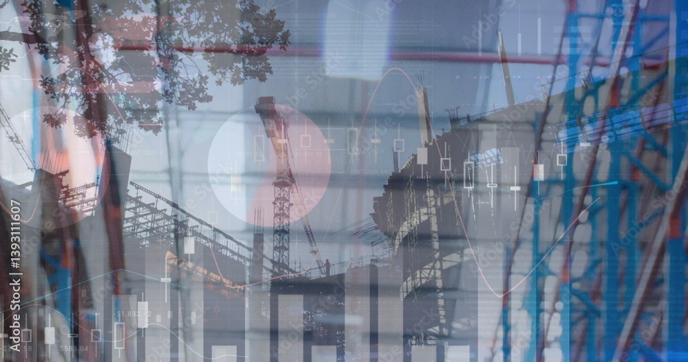 Poster image of financial data processing over smiling man construction site