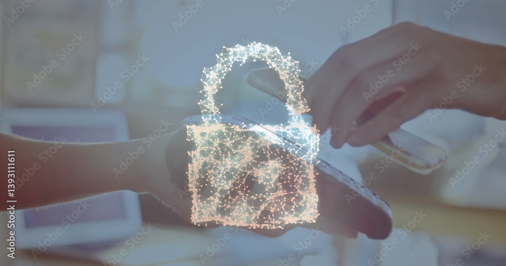 Poster image of network security padlock over people using payment terminal