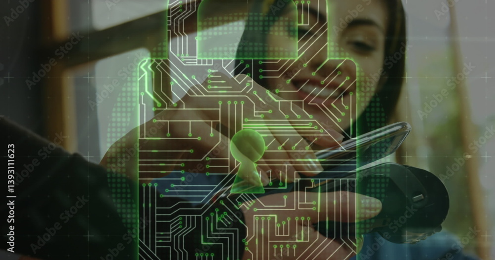 Poster image of network security padlock over people using payment terminal