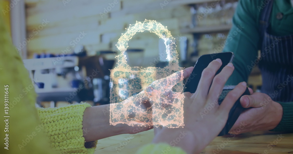 Poster image of network security padlock over people using payment terminal