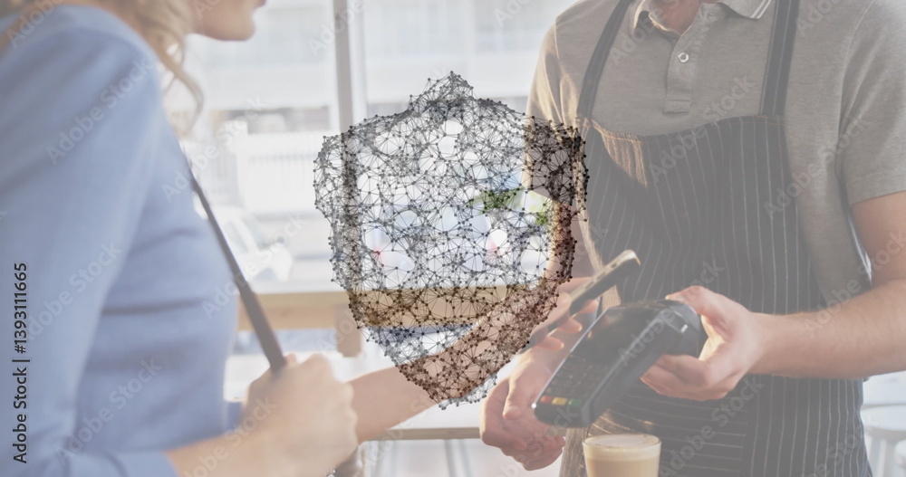 Poster image of network of connections with security shield over people using payment terminal