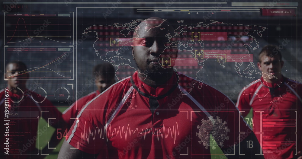 Poster soccer players in red jerseys standing on field with digital data overlay