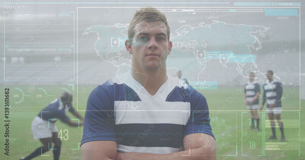 Poster rugby player in uniform standing confidently on field with digital world map overlay
