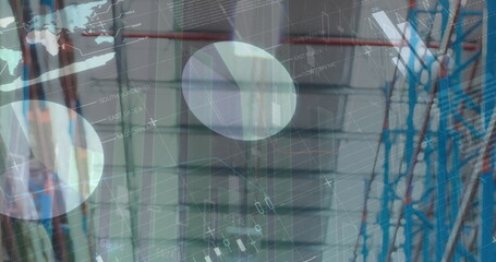 Image of statistics and financial data processing over warehouse