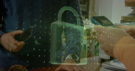 Image of network security padlock over people using payment terminal