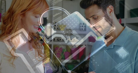 Image of network security padlock over people using payment terminal