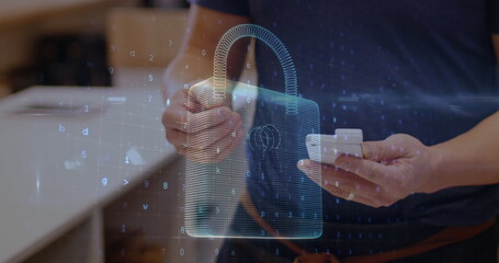 Image of network security padlock over people using payment terminal