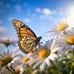 "Delicate Monarch Butterfly on Yellow Daisy with Dreamy Pastel Background and Bokeh Effect"