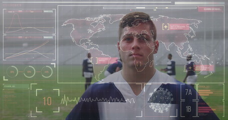 Soccer player on field with digital interface overlay, analyzing performance data