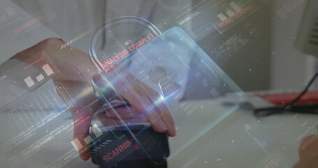 Image of network security padlock over people using payment terminal