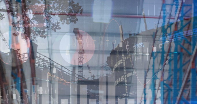 Image of financial data processing over smiling man construction site