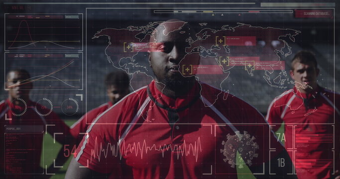 Soccer players in red jerseys standing on field with digital data overlay