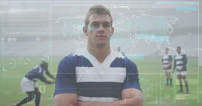 Rugby player in uniform standing confidently on field with digital world map overlay