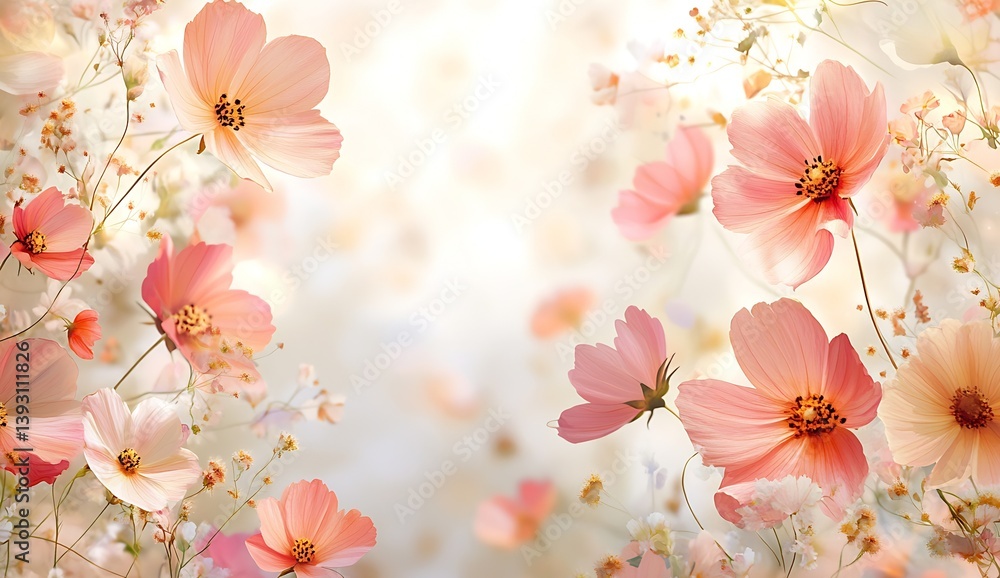 Poster lush floral background featuring a soft pastel palette of blooming flowers with delicate petals crea
