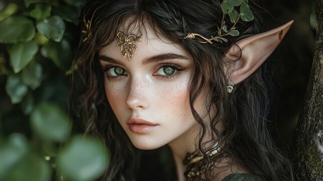 Beautiful young woman with elven features, framed by lush greenery