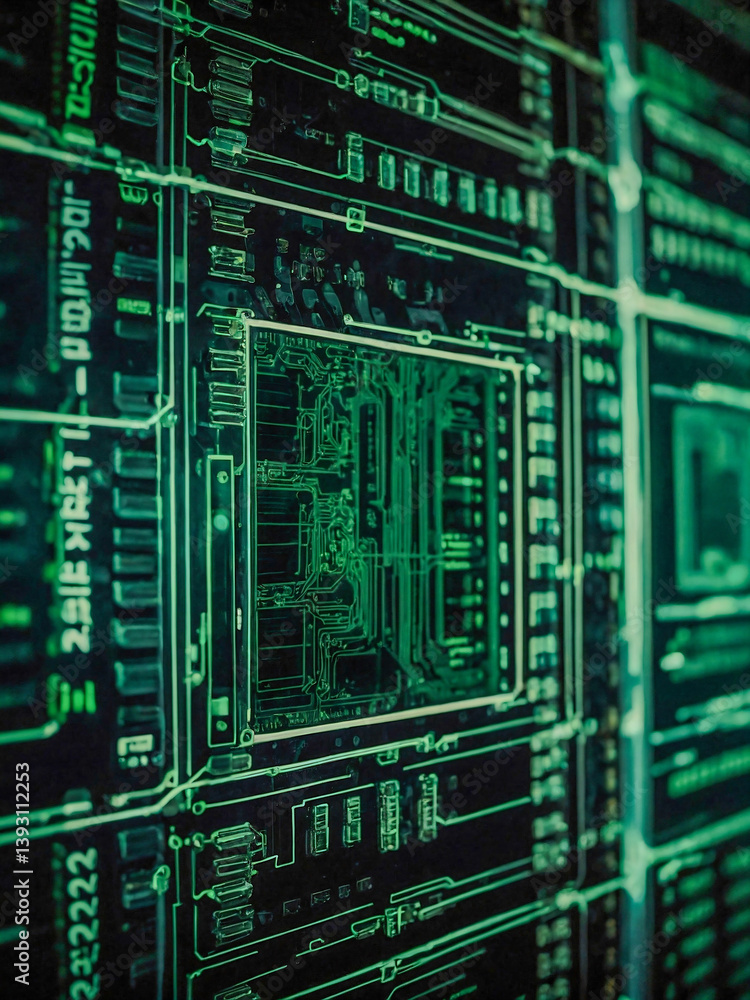 Poster digital cyber network background with green electronic frame.