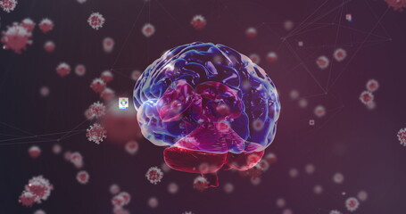 Image of covid 19 cells with human brain spinning
