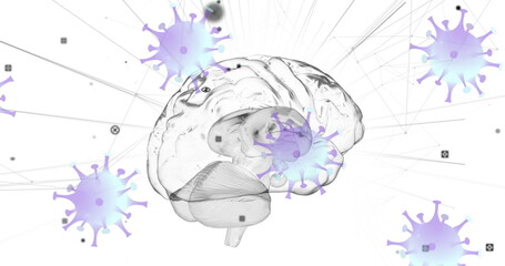Image of covid 19 cells with human brain spinning