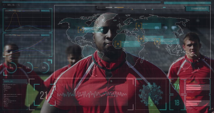 Soccer players in red jerseys training with digital data overlay on field