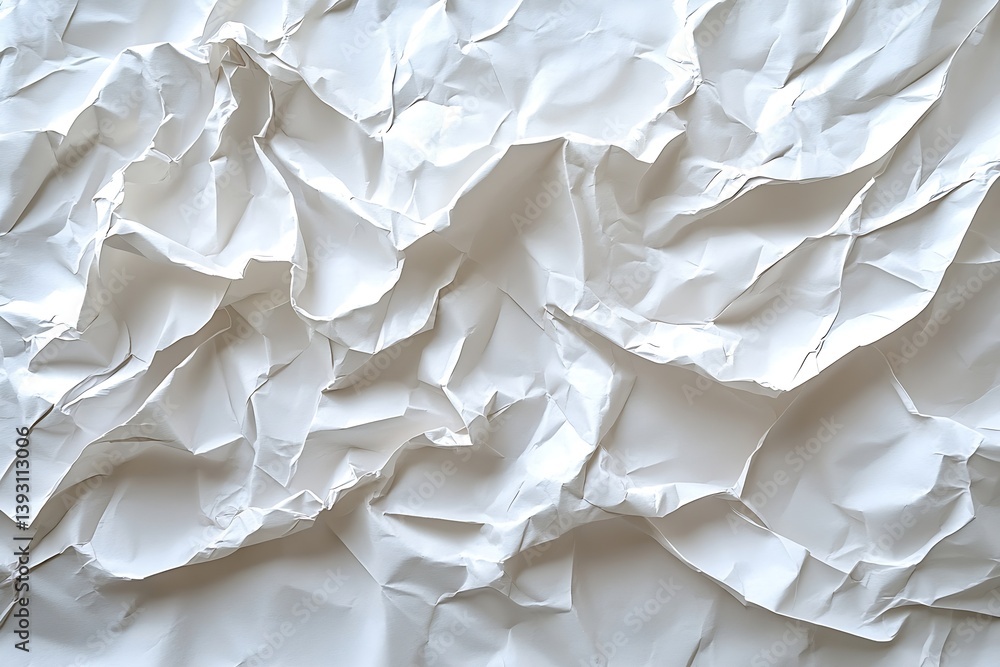 Poster Crumpled White Paper Texture Abstract Background Detailed Surface with Wrinkles Folds and Shadows for Creative Design : Generative AI