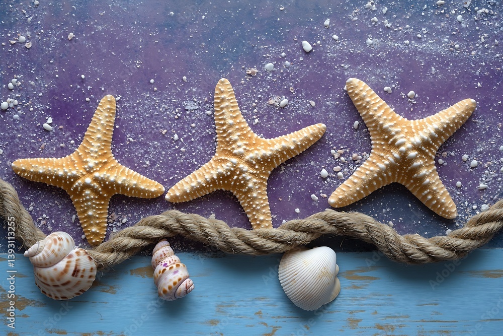 Poster beach themed still life with starfish seashells and rope on textured background for summer and nauti