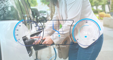 Image of interface with charging battery icon and speedometer over woman fueling car