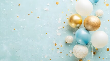 Elegant Party Balloons Gold Blue White Pastel Background