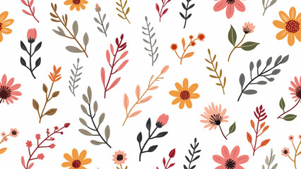 Seamless pattern with flowers, Hand drawn Flowers and branches in Scandinavian style. Cute Spring summer plants botanical Background	