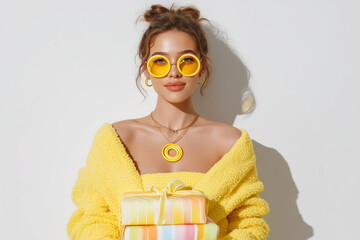 Obraz premium Beautiful Woman Holding Birthday Gifts in Yellow with Sunglasses, Cheerful Expression, Minimalist Art Style and Copy Space