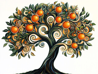 Colorful Artistic Illustration of an Orange Tree with Swirling Design - High-Quality Print