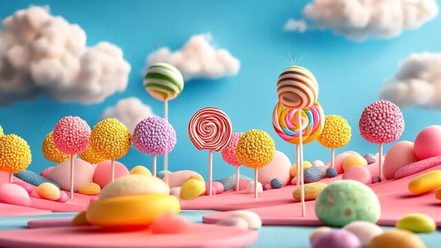 Whimsical landscape with candy trees and cotton candy clouds creating a fantasy world