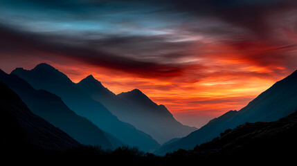 Obraz premium A breathtaking view of the mountain silhouette outlined against the red and golden hues of the setting sun, with peaceful clouds drifting overhead.A breathtaking view of the mountain silhouette outlin