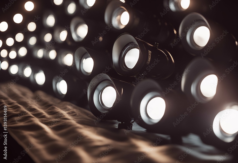 Aufkleber illuminating stage empty rows spotlights side scene abstract disco fantasy show shiny black backgrou