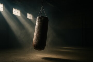 A solitary boxing bag hangs in a dimly lit space, illuminated by beams of light, casting a mysterious atmosphere.