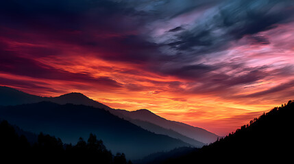 Fototapeta premium A breathtaking view of the mountain silhouette outlined against the red and golden hues of the setting sun, with peaceful clouds drifting overhead.A breathtaking view of the mountain silhouette outlin
