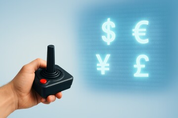A hand holds a retro joystick, while digital currency symbols appear in glowing blue against a binary code background.