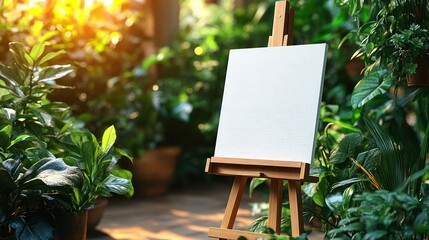 Blank canvas on easel amidst lush greenery
